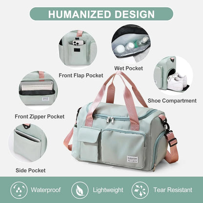 Small Gym Bag for Women, Waterproof Duffle Bag Carry on Weekender Bag with Shoe Compartment & Wet Pocket, Tote Bag for Travel, Workout, Sport